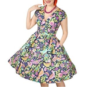 Retrolicious Greta Dress in Painted Birds Floral Print Medium Retro
